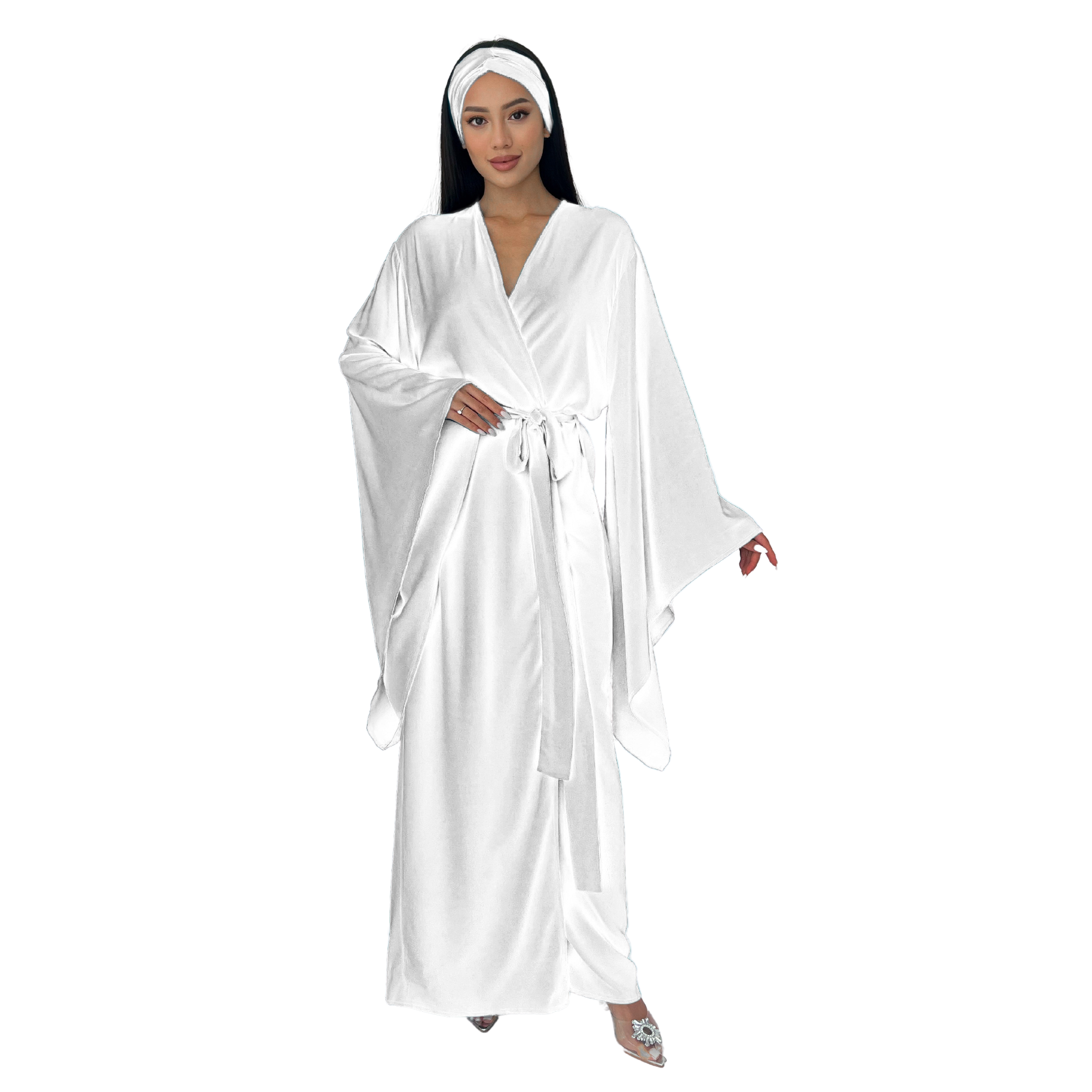 Kimono Viscose Long Robe in White with pockets and headband
