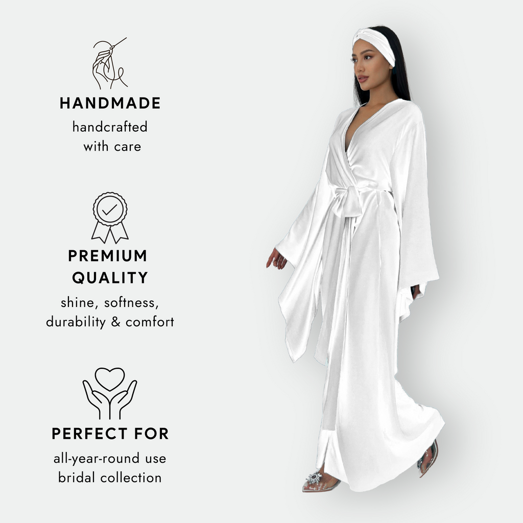 Kimono Viscose Long Robe in White with pockets and headband