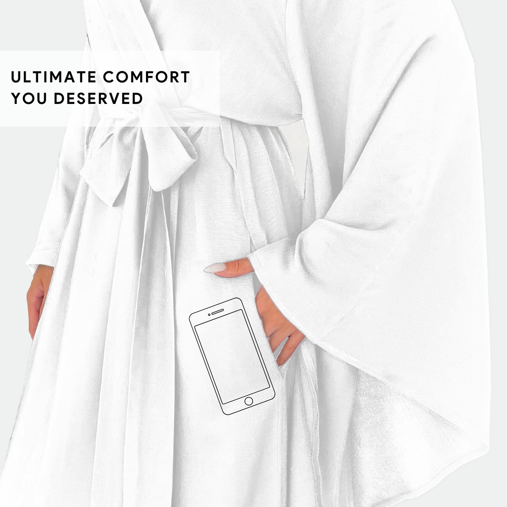 Kimono Viscose Long Robe in White with pockets and headband