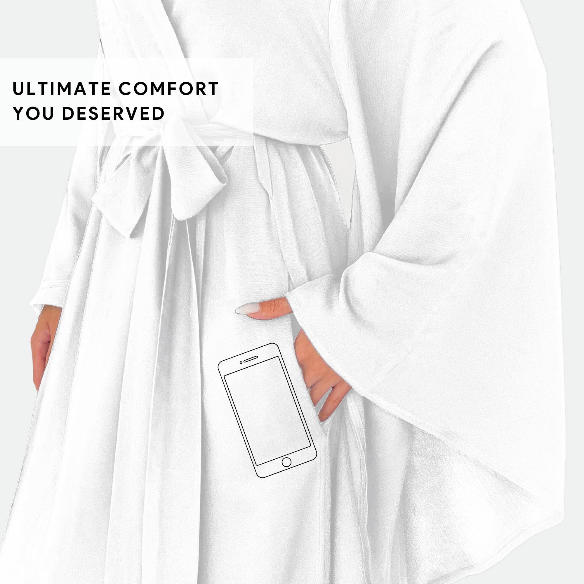 Kimono Viscose Long Robe in White with pockets and headband