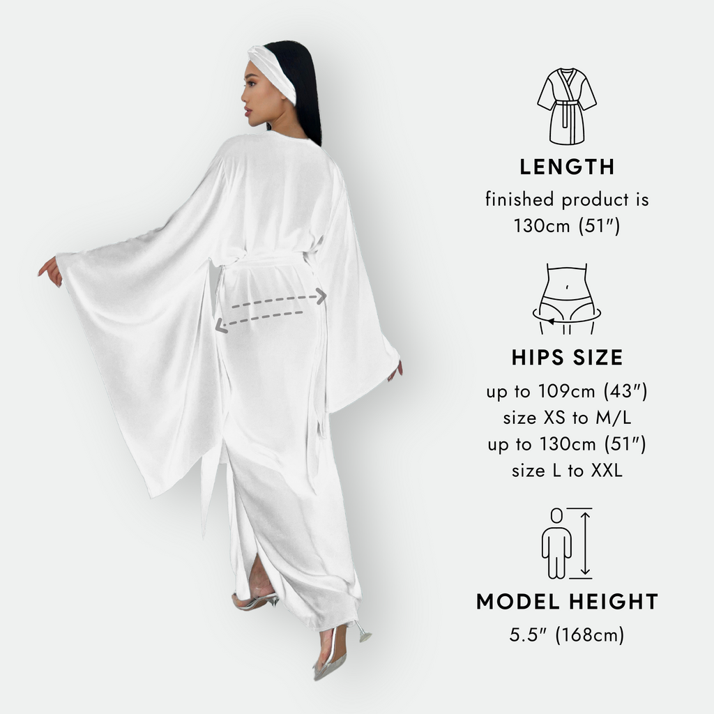 Kimono Viscose Long Robe in White with pockets and headband