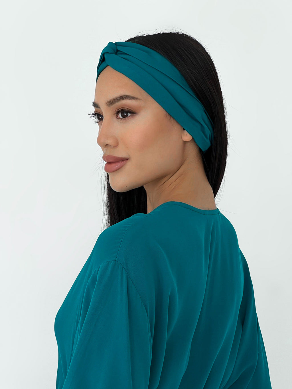 Kimono Viscose Long Robe in Teal with pockets and headband