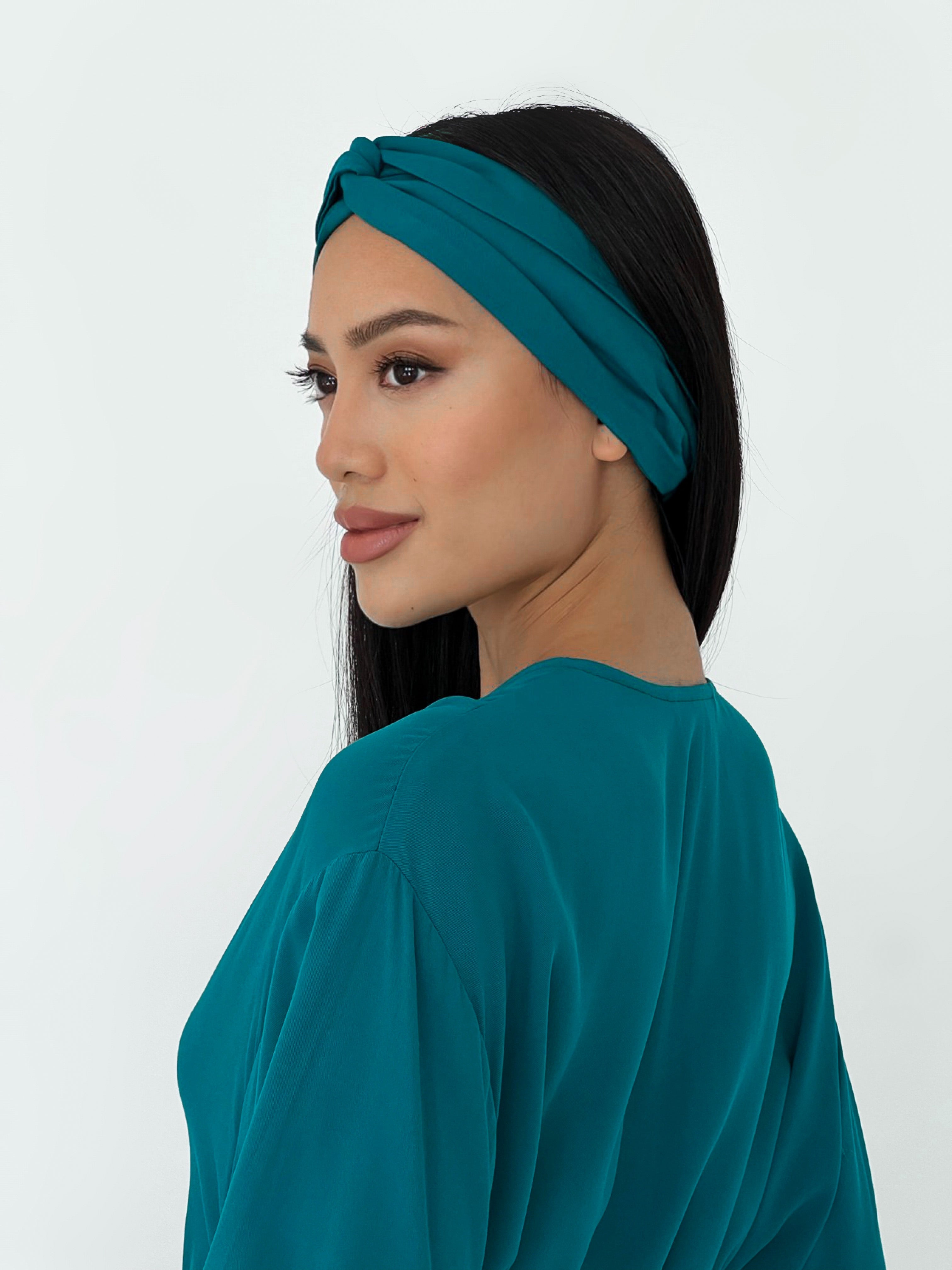 Kimono Viscose Long Robe in Teal with pockets and headband