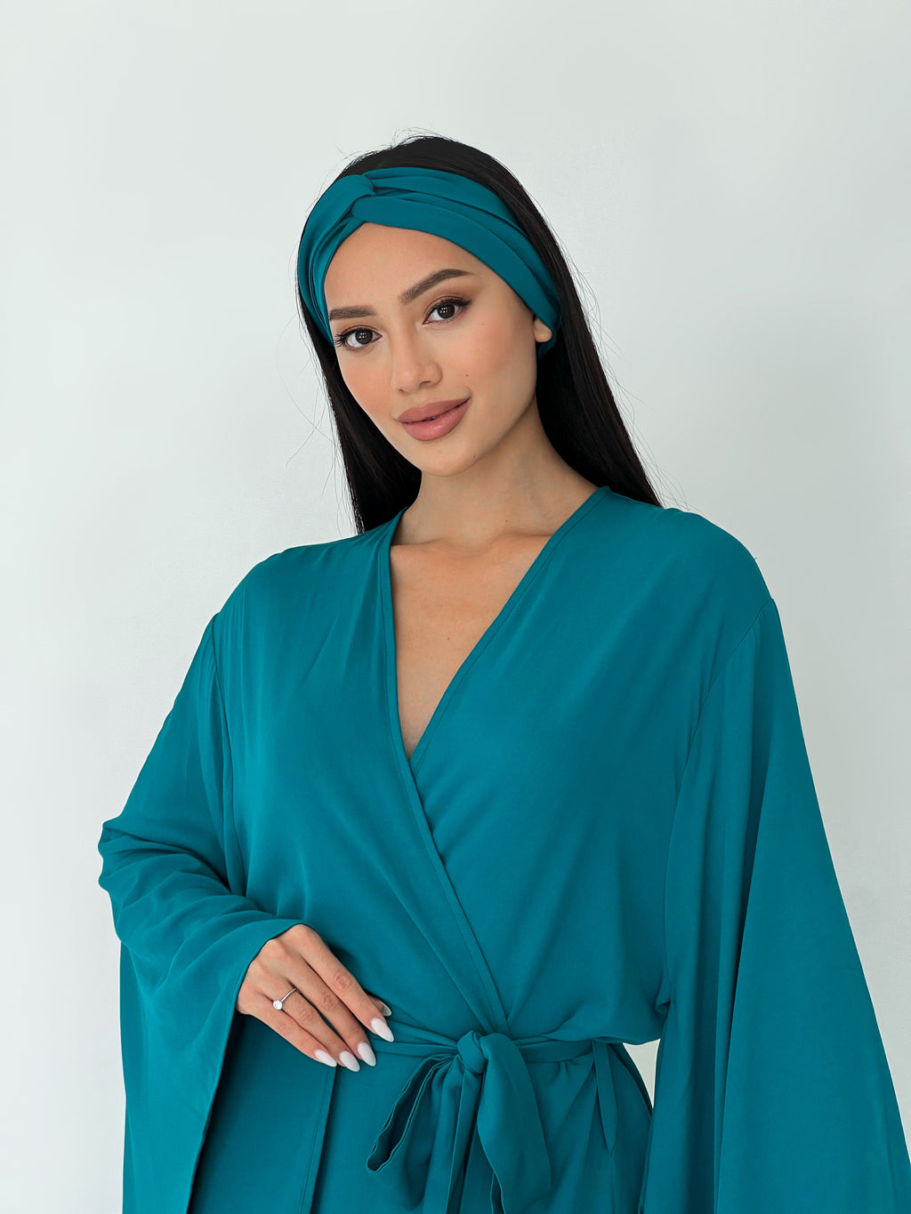 Kimono Viscose Long Robe in Teal with pockets and headband