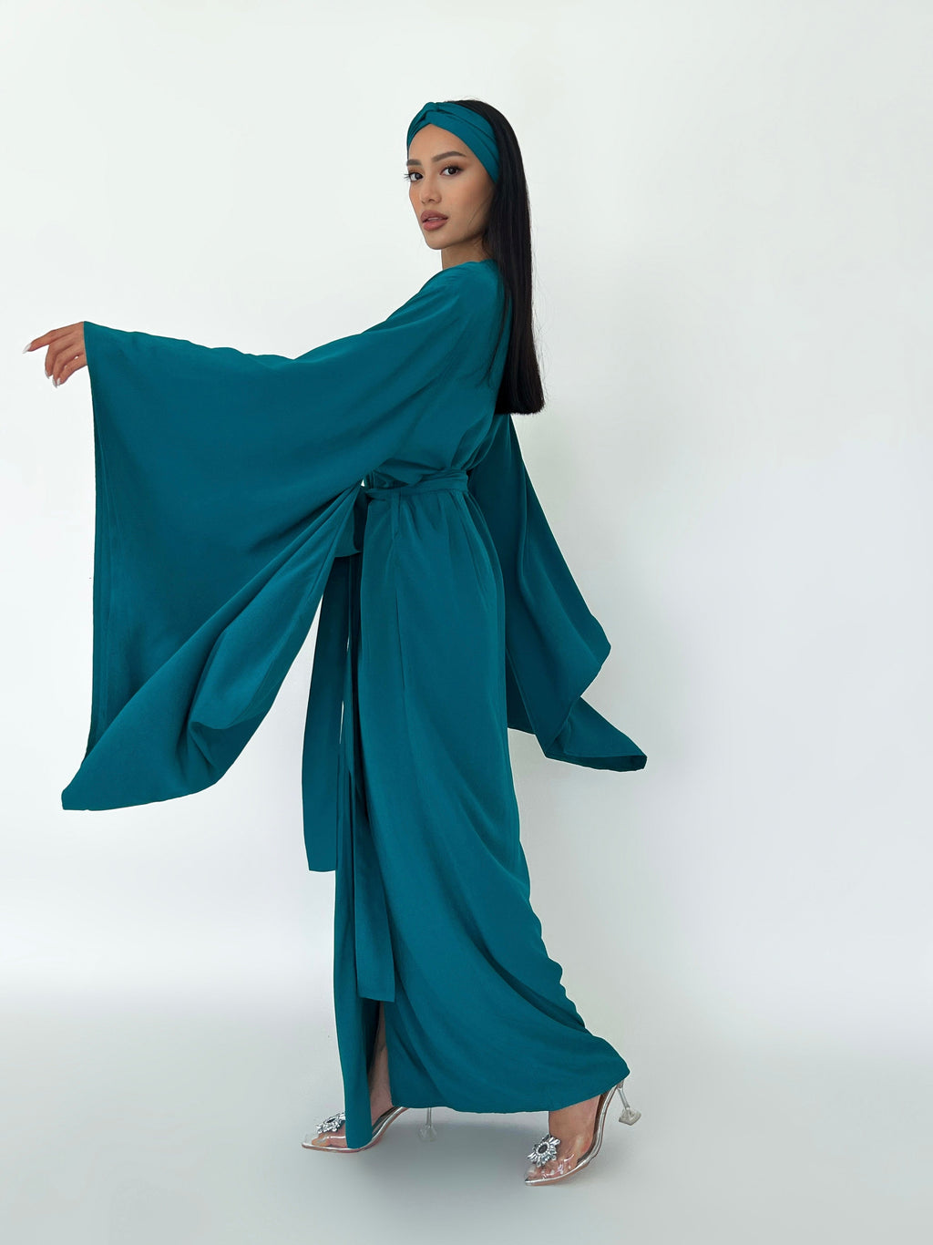 Kimono Viscose Long Robe in Teal with pockets and headband