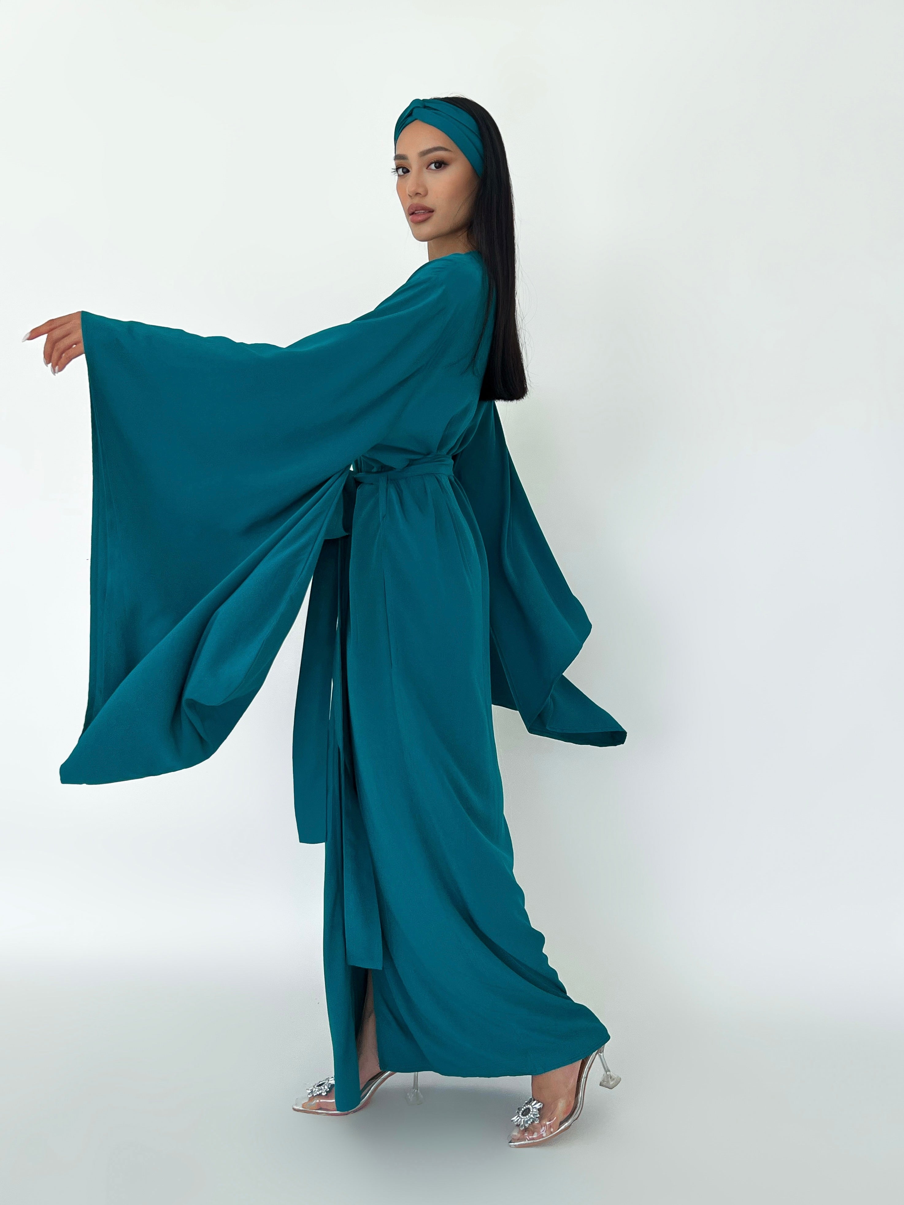 Kimono Viscose Long Robe in Teal with pockets and headband