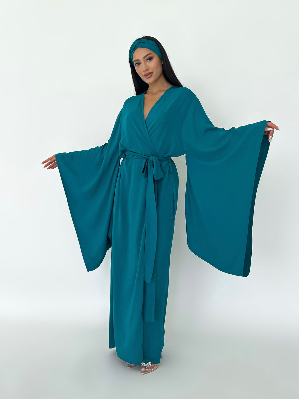 Kimono Viscose Long Robe in Teal with pockets and headband
