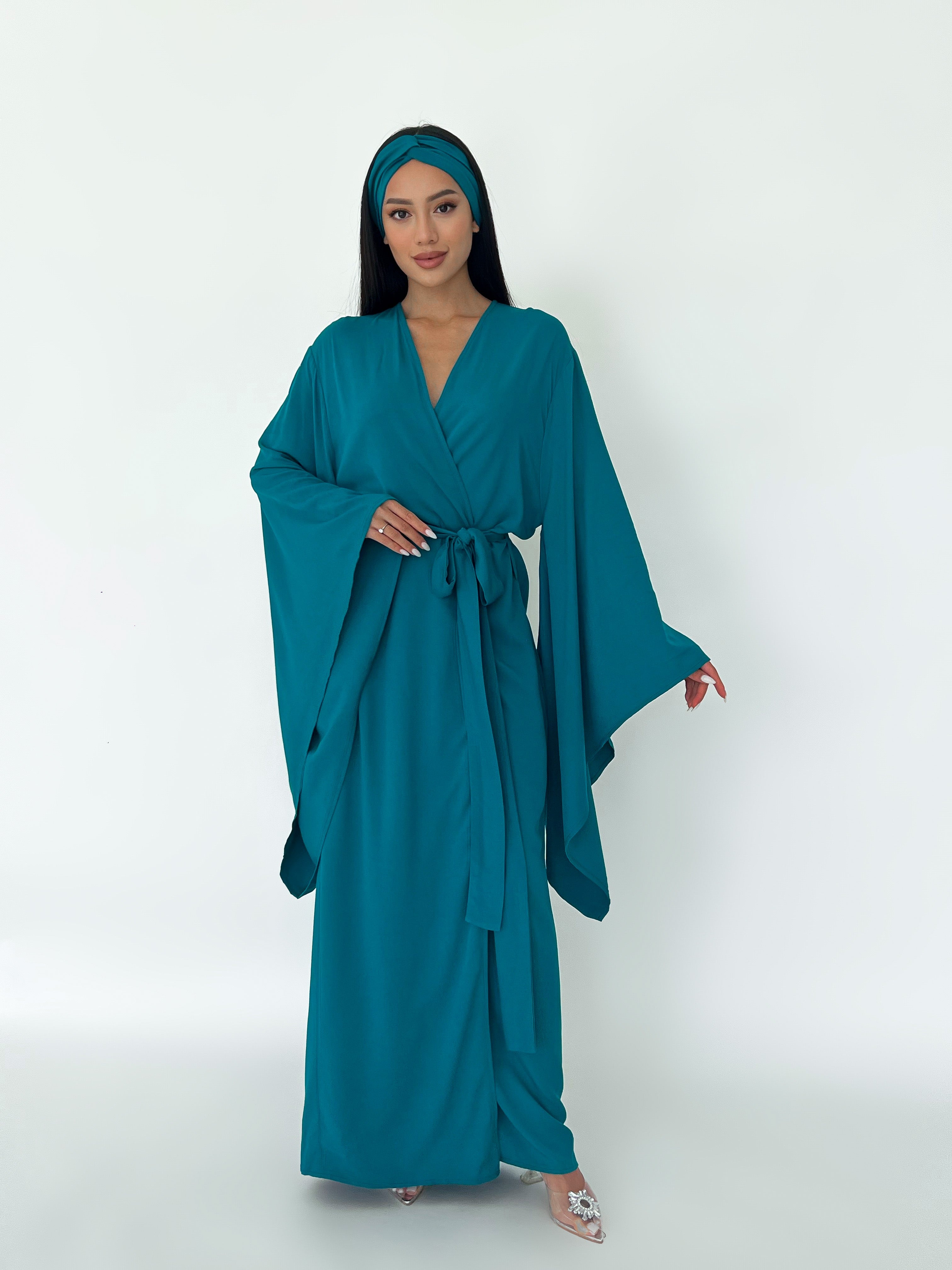 Kimono Viscose Long Robe in Teal with pockets and headband