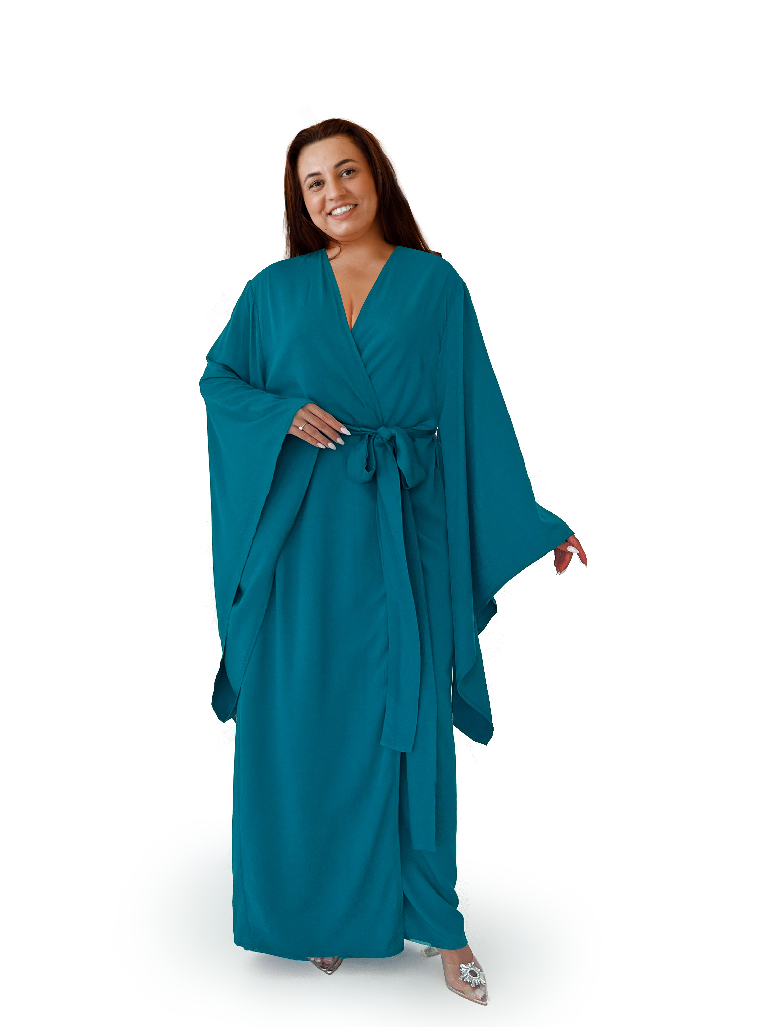 Kimono Viscose Long Robe in Teal with pockets and headband