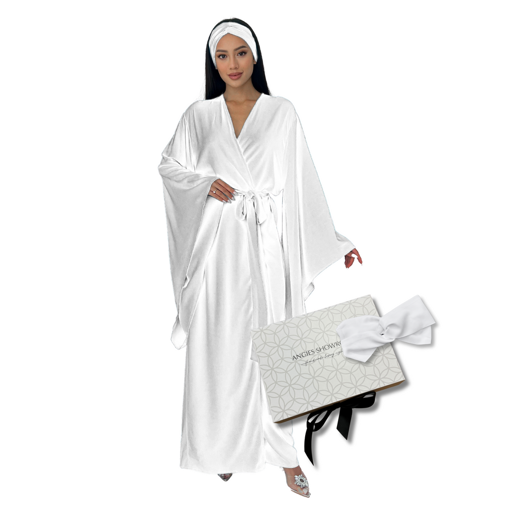 Kimono Viscose Long Robe in White with pockets and headband