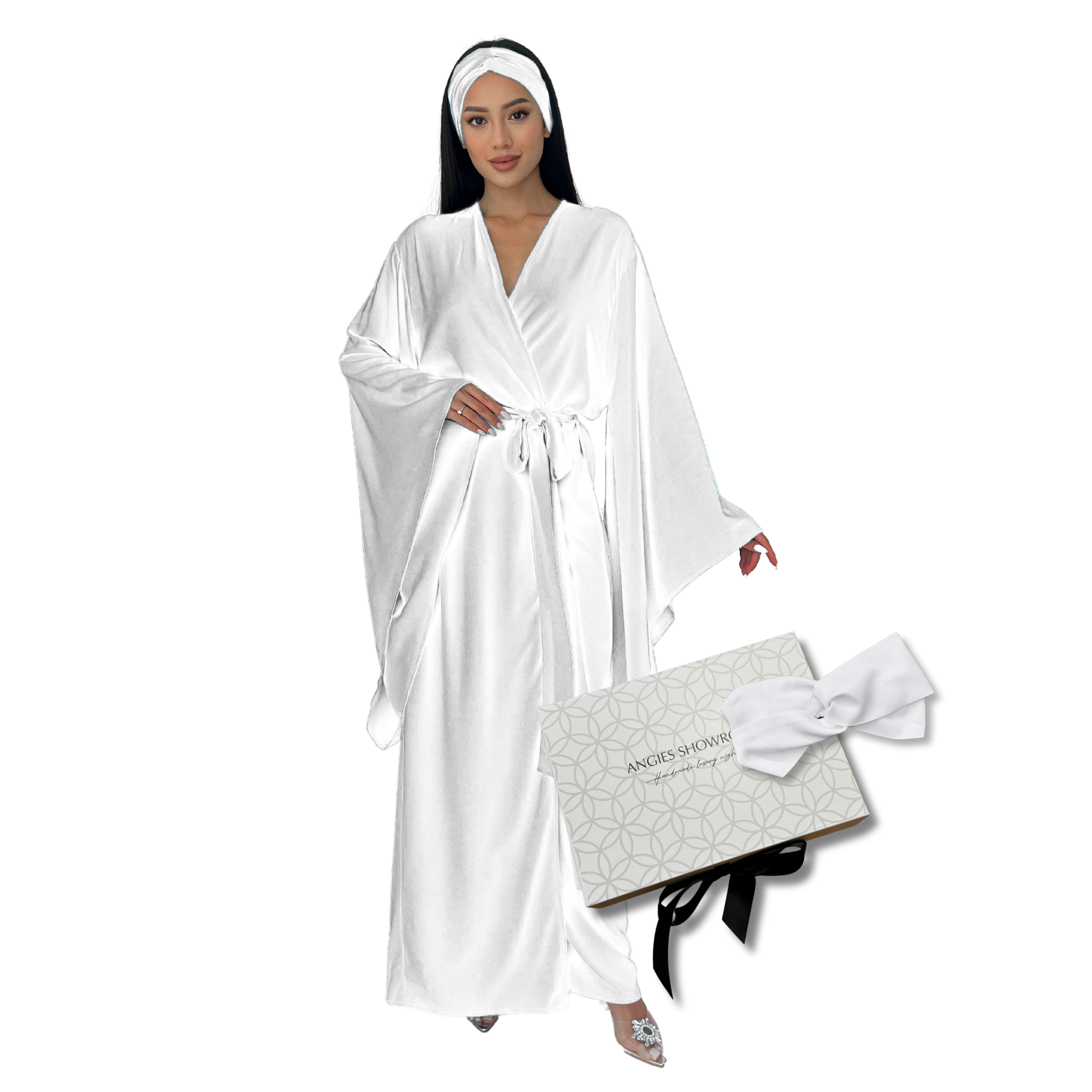 Kimono Viscose Long Robe in White with pockets and headband