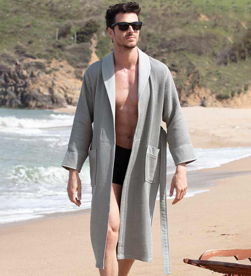 Men's Lightweight Waffle Spa Robe with Shawl Collar-3