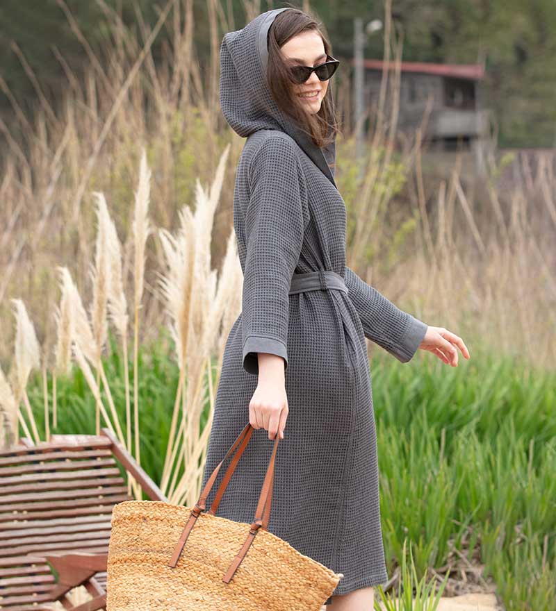 Women’s Turkish Cotton Waffle Hooded Robe-10